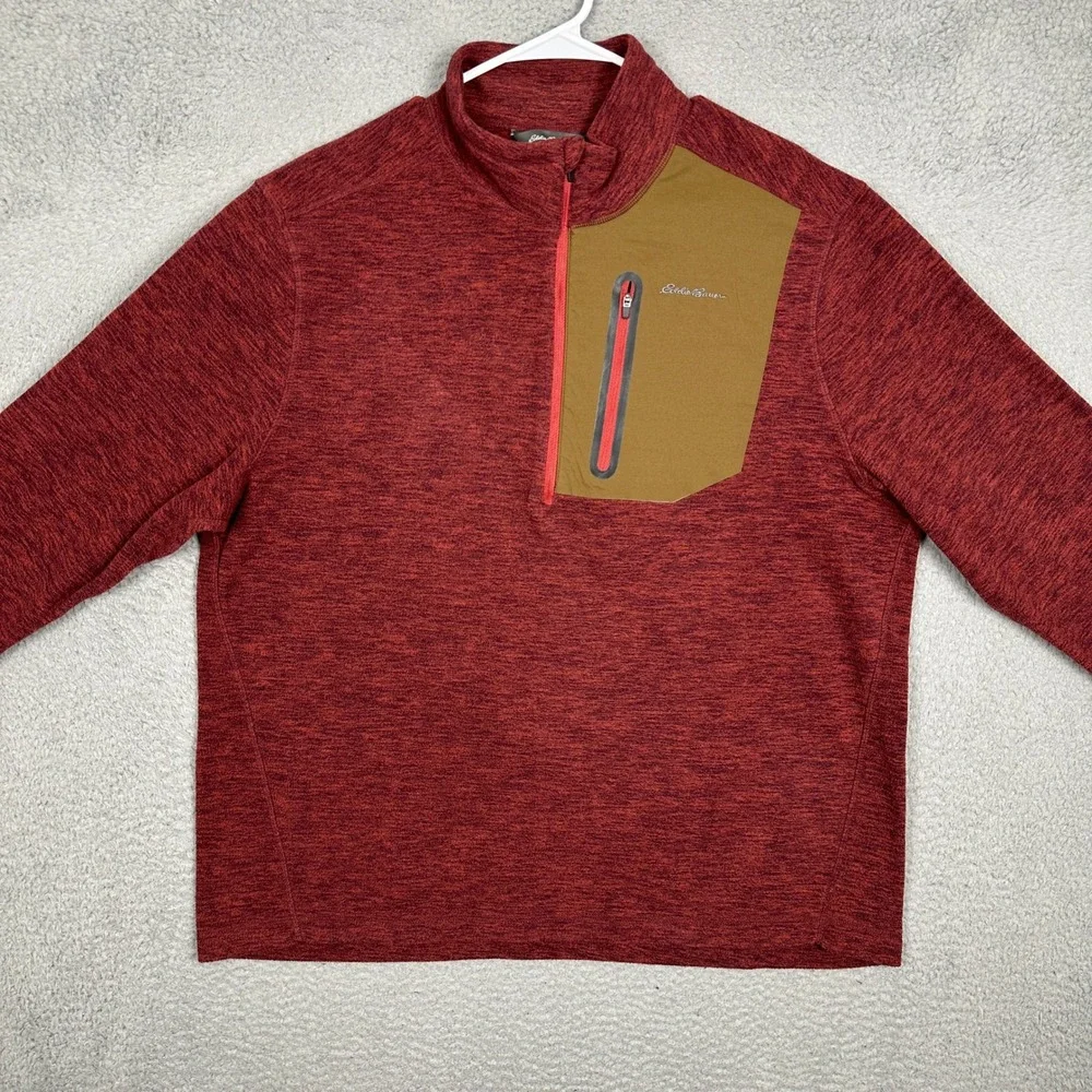 Eddie Bauer Sweater Mens XL Red Heather Quarter Zip Pullover Pocket Outdoor EUC